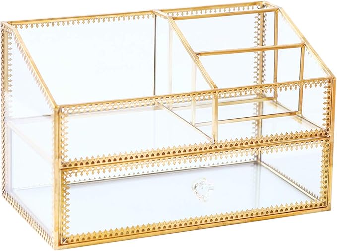 Golden Glass Box Vanity Tray Glass Case Makeup Display Organizer on Dresser, Multifunctional Cosmetic Storage for Palette Lipstick Makeup Brushes Skincare Perfumes Bathroom Accessories