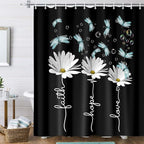 Rusitc Farmhouse Floral Balck White Shower Curtain, Farm Country Daisy Flower Dragonfly and Faith Hope Love Inspirational Words Shower Curtain Set, Turquoise Yellow Teal Bathroom Accessories, 70X70IN