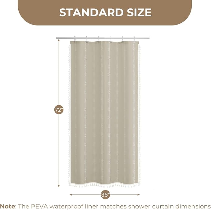 downluxe Linen Texture 3 in 1 Farmhouse Shower Curtain Set with Tassel, Boho Fabric Shower Curtains for Bathroom, Taupe, 36W x 72L