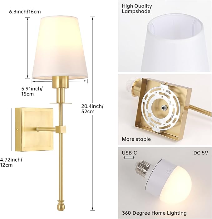 Battery Operated Wall Sconces Set of 2, 5000 mAh Rechargeable Bulb with 12 RGB Colors Dimmable Wall Sconce for Living Room Bedroom,Gold