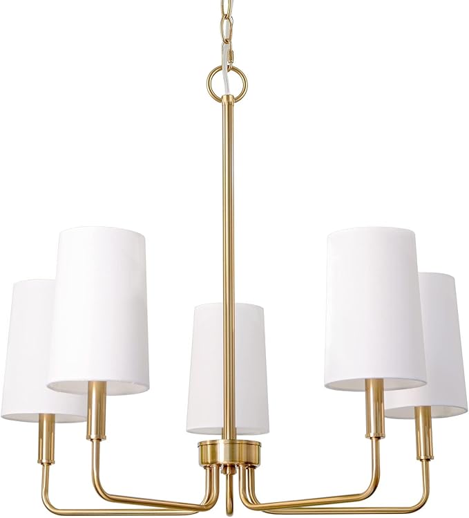 Chandelier, Brushed Brass with White Fabric Shade, Farmhouse Linear Island Lighting Fixture for Kitchen, Dining Room (5-Light Brass Gold with Fabric Shades)
