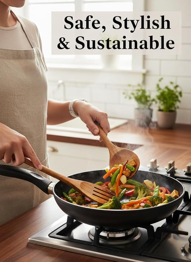 100% Natural Teak Wood Wooden Utensil Set – 8 Pcs Durable Kitchen Spoons for Cooking – Non-Stick & Heat Resistant, Eco-Friendly & Comfortable Grip