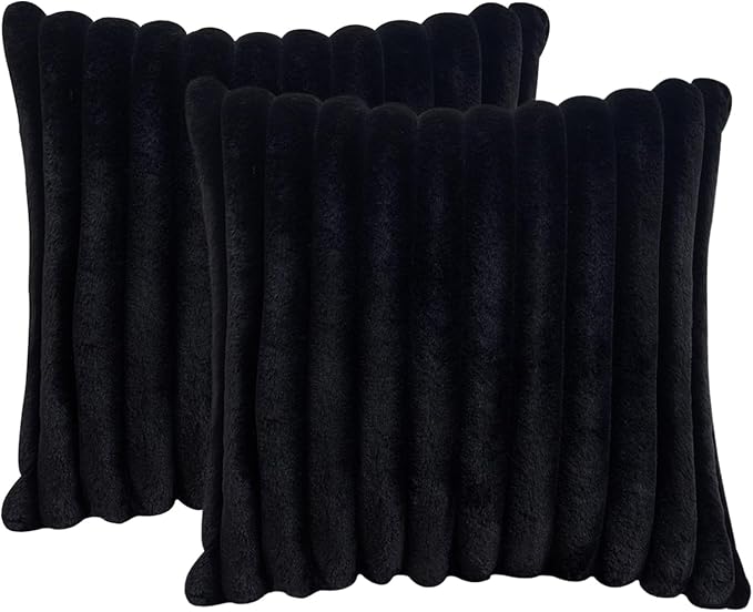 Throw Pillow Covers Decorative Faux Fur Set of 2 18x18 Inch Pillow Covers, Soft Black Striped Pillowcases for Couch Sofa Bed Living Room, Fluffy Cute Home Boho Accent Fuzzy Decor