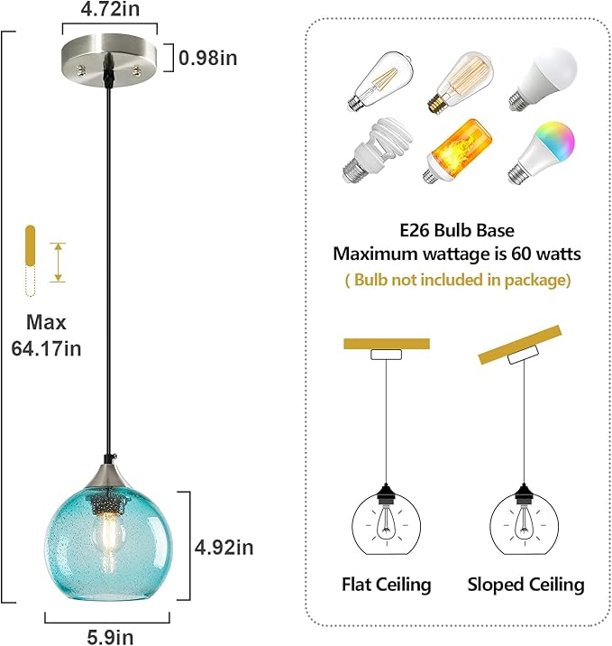 Light Blue Glass Pendant Lights Kitchen Island Globe Pendant Light Fixtures Modern Pendant Lighting for Bedroom Living Dining Room Light Fixture (5.9 in, 2 Pack)