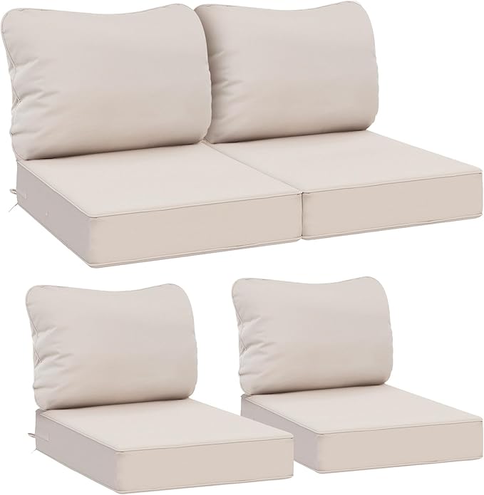 AAAAAcessories Outdoor Deep Seat Cushions, Waterproof, Fade-Resistant Patio Furniture Replacement Cushions, 25.5" x 25.5" x 5" + 25.5" x 19", Set of 4, Khaki Beige