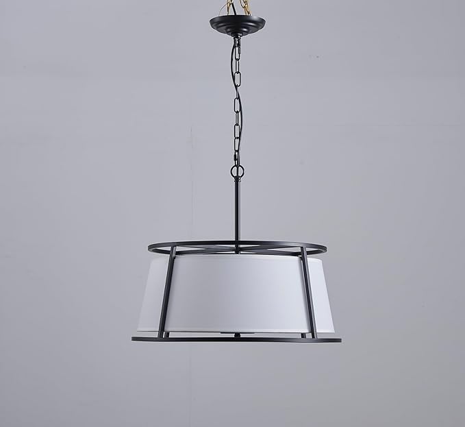 Shrine Lighting Drum Chandeliers, Modern Style, Perfect Pendant Light Fixture for Dining Room, Living Room, D20'' x H9'', Adjustable Chains 59'', E12*4 Sockets, White Lampshade & Black Finish Frame