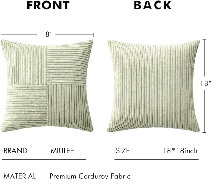 MIULEE Light Green Corduroy Pillow Covers Pack of 2 Boho Decorative Spliced Throw Pillow Covers Soft Solid Couch Pillowcases Cross Patchwork Textured Cushion Covers for Living Room Bed Sofa 18x18 inch