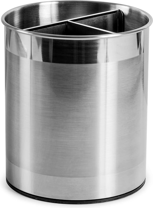 Cooler Kitchen Rotating Extra Large Stainless Steel Utensil Holder Caddy with Sturdy No-Tip Weighted Base, Removable Divider, and Gripped Insert Bottom -Dishwasher Safe Metal Cooking Utensil Holderâ