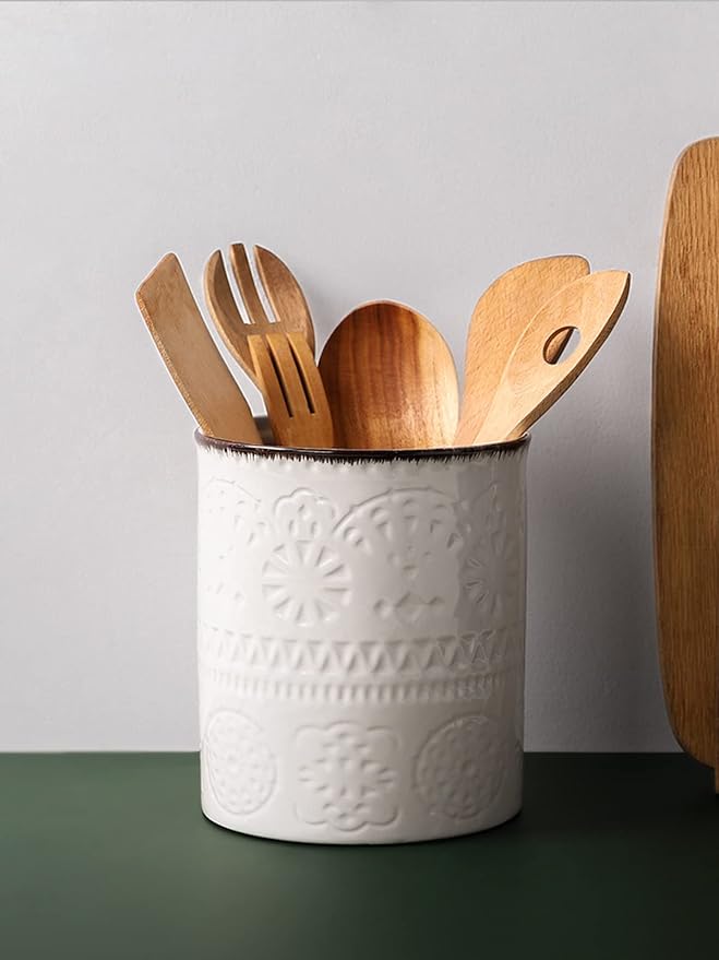 DOWAN 7.2" Kitchen Utensil Holder, Extra Large Farmhouse Utensil Holders for Countertop, Ceramic Utensil Crock, Anti Slip Cork Bottom (White, 7.2 Inch)