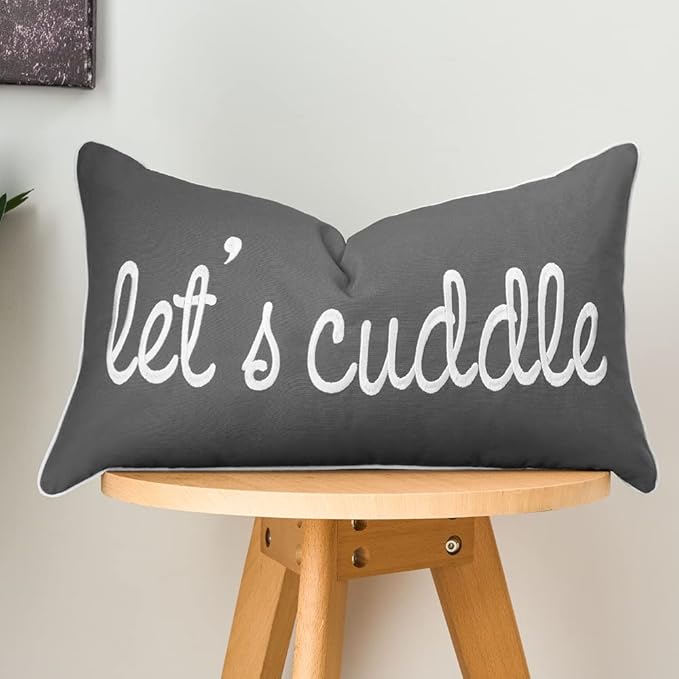 Sunkifover Dark Gray Decorative Lumbar Pillow Covers 12x20 Inches, Soft Solid Rectangular Pillowcase, Embroidered Rectangle Cushion Covers with Let's Cuddle Saying for Bed, Bedroom (Color Grey)