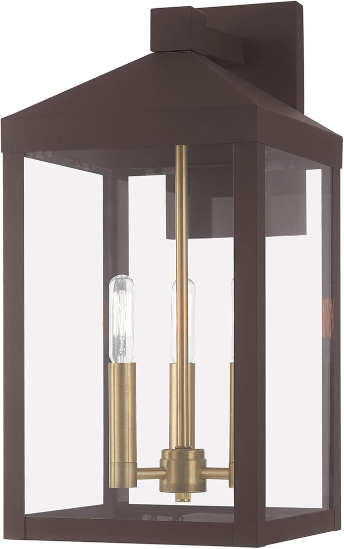Livex 20584-07 Transitional Three Light Outdoor Wall Lantern from Nyack Collection in Bronze/Dark Finish