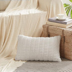 Fancy Homi Pure White Lumbar Decorative Throw Pillow Covers 12x20 Inch for Living Room Couch Bed Sofa, Rustic Farmhouse Boho Home Decor, Soft Striped Corduroy Rectangle Cushion Case 30x50 cm