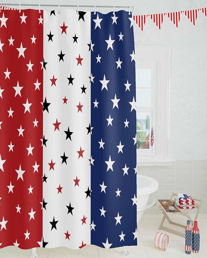 4th of July Shower Curtain, Patriotic Stars Stripes Shower Curtains Set with Hooks, Red White and Blue Independence Day Waterproof Fabric Bathroom Curtains Decor Home Accessories,72 X 78 Inch Long