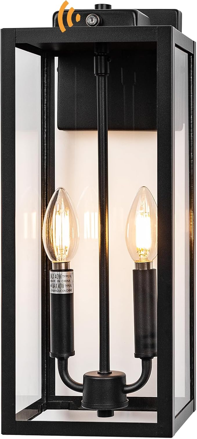 Dusk to Dawn Outdoor Light Fixture 2-Light, Large Outdoor Lantern 16” IP65 Waterproof Exterior Sconce with Photocell Sensor Outside Wall Light for House Front Porch Wall Mounted Lamp, E12