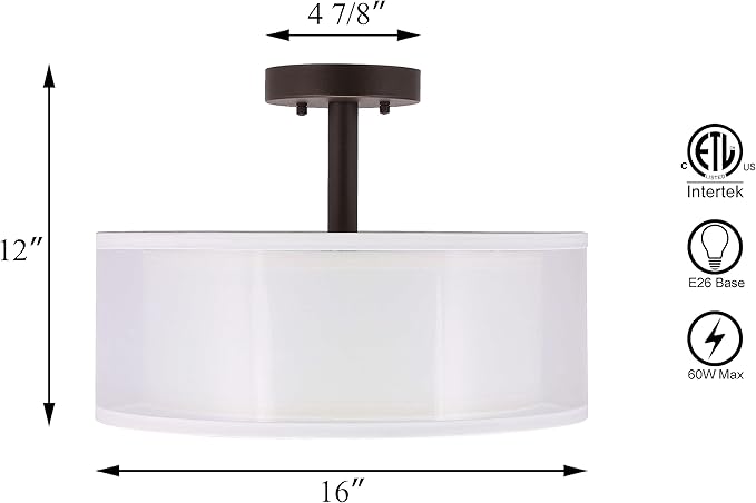 XiNBEi Lighting Semi Flush Mount Ceiling Light, 3 Light Drum Semi Flush Light, 16" Close to Ceiling Light with Fabric Shade in Dark Bronze for Living Room & Bedroom XB-SF1194-DB