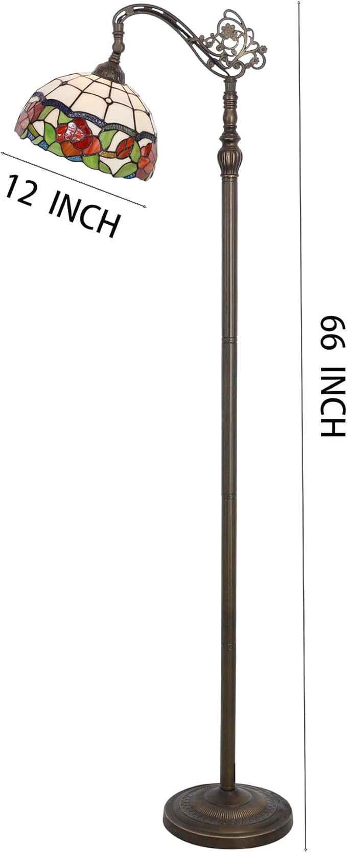 Tiffany Floor Lamp Stained Glass Rose Flower Style Arched Reading Light Gooseneck Adjustable Corner Standing Lamp 12X16X66 Inch for Bedroom Living Room Home Office