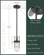 LMS Glass Pendant Lights Kitchen Island, 1-Light Modern Black Pendant Light with Hammered Glass and Rods, Mini Hanging Lighting for Kitchen Island Sink Bathroom Bedroom, LMS-172