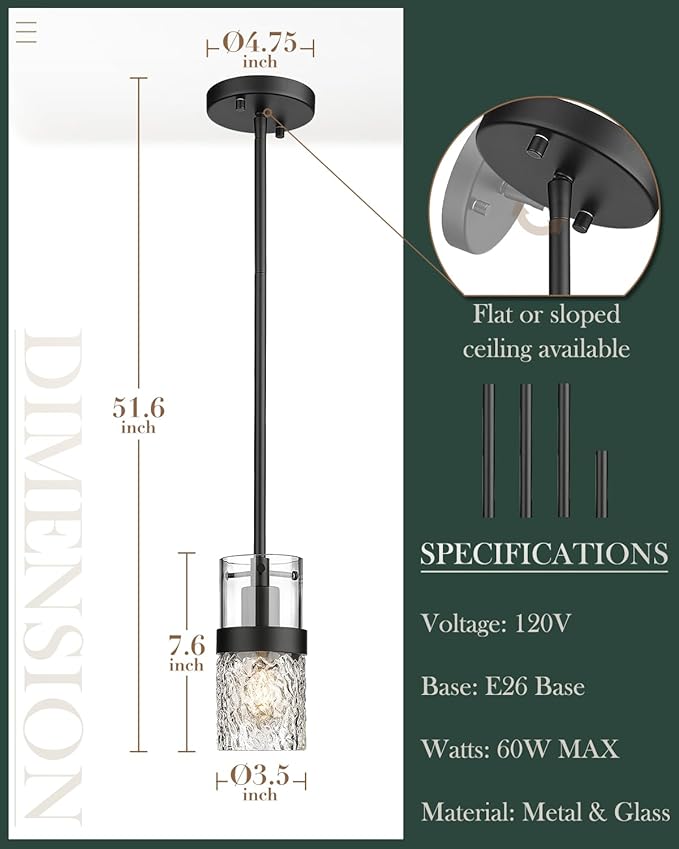 LMS Glass Pendant Lights Kitchen Island 2-Pack, Modern Black Pendant Light Set of 2 with Hammered Glass and Rods, Mini Hanging Lighting for Kitchen Island, Bathroom, Bedroom, LMS-201