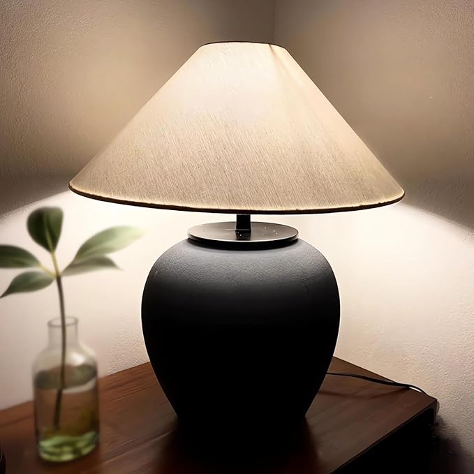 Rustic Farmhouse Table Lamps, Black 21.6” Tall Ceramic Table Lamp, Simple Textured Ceramic Lamp Body with White Textured Shade Bedside Table Lamp for Living Room Bedroom Office (Black)