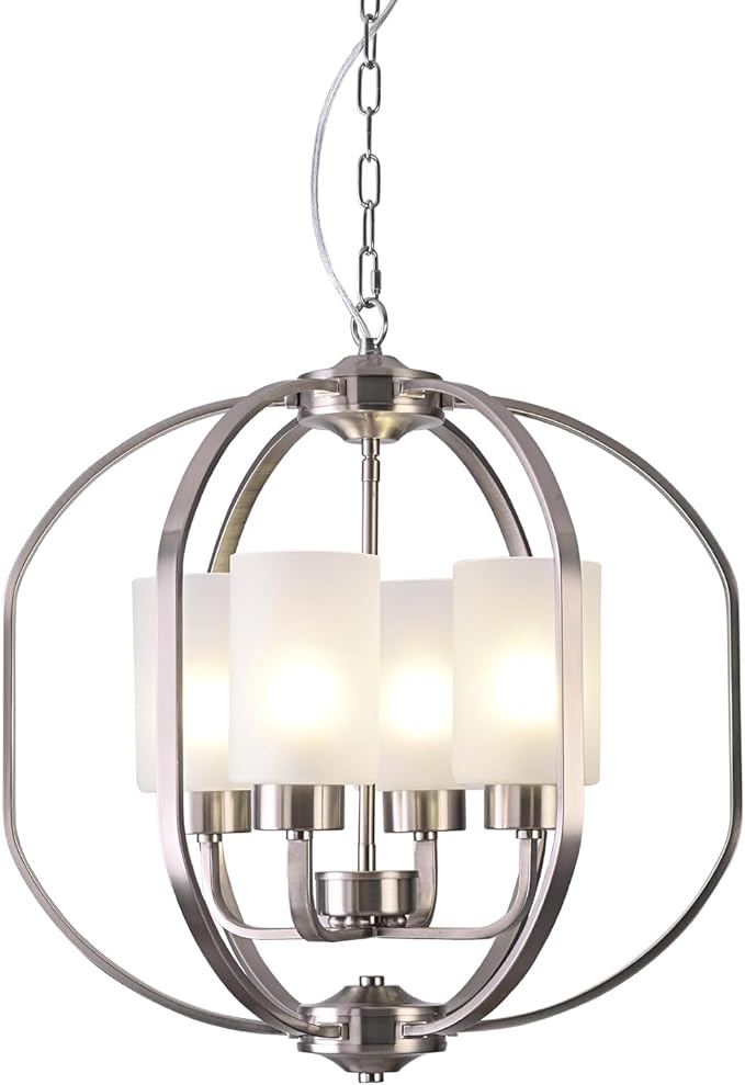 BOZO 20" Globe Chandelier Brushed Nickel Dining Room Lighting Fixtures 4 Light Modern Orb Chandeliers Ceiling Hanging Foyer Pendant Lighting Frosted Glass Shades