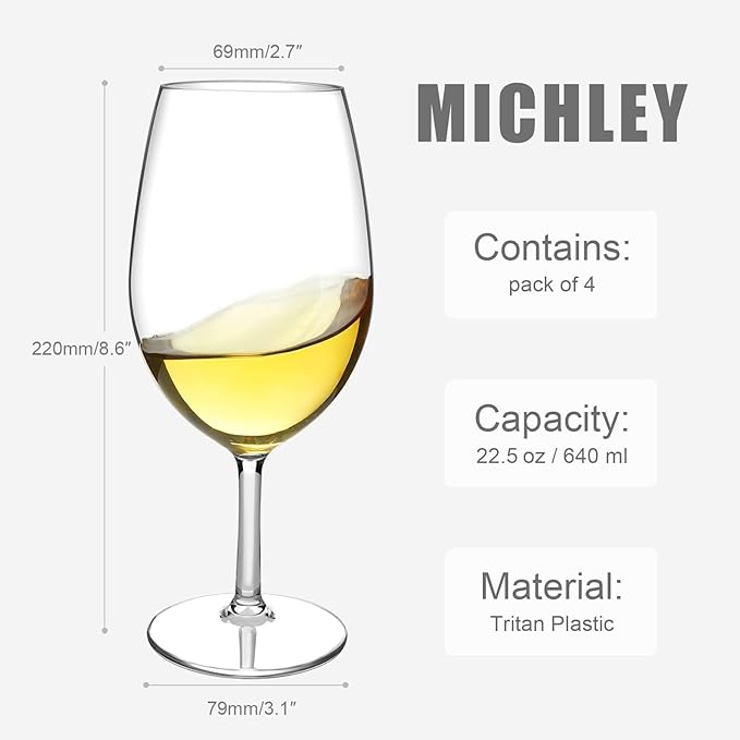 MICHLEY Floating Wine Glasses for Pool 21.5 OZ Unbreakable Tritan Plastic Red Wine Glasses with Stem Ideal for Beach Bar Camping Dishwasher Safe, Set of 4