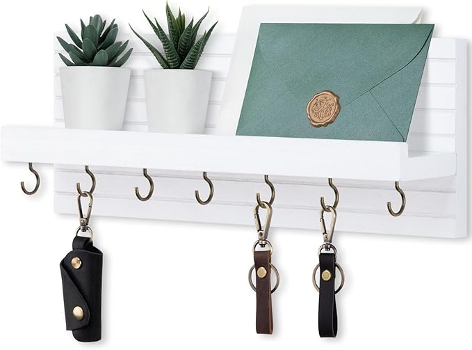 Key Holder Wall Mount, Entryway Mail Organizer with Shelf, Decorative Key Hanger with 7 Hooks Holds Leashes and Glasses, Includes Mounting Hardware (13.8” x 5.3” x 3.2”)