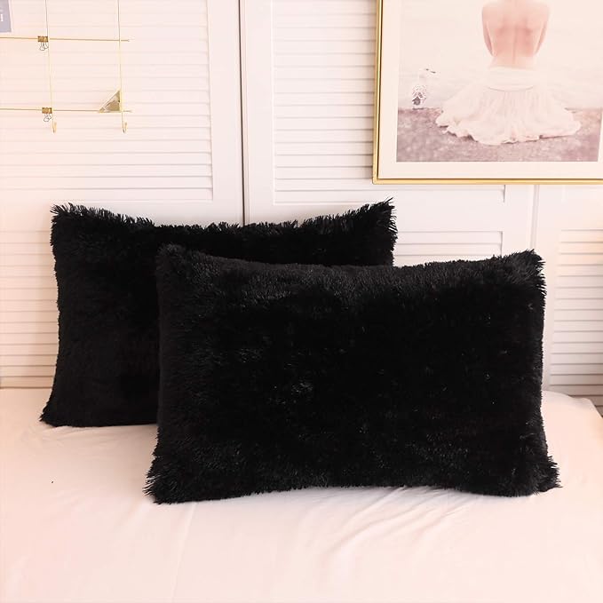 XeGe Faux Fur Throw Pillow Cases, Plush Shaggy Ultra Soft Pillow Covers, Fluffy Crystal Velvet Decorative Pillowcases, Furry Fuzzy Pillow Shams Zipper Closure, Set of 2(King, Black)