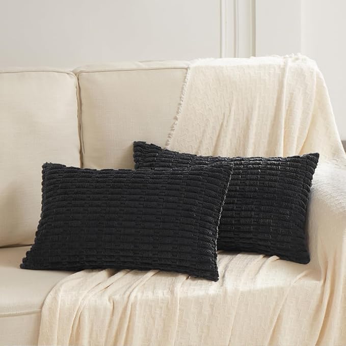 Fancy Homi Black Decorative Throw Pillow Covers 14x24 Inch for Living Room Couch Bed Sofa, Rustic Farmhouse Boho Home Decor, Soft Striped Corduroy Square Cushion Case 35x60 cm