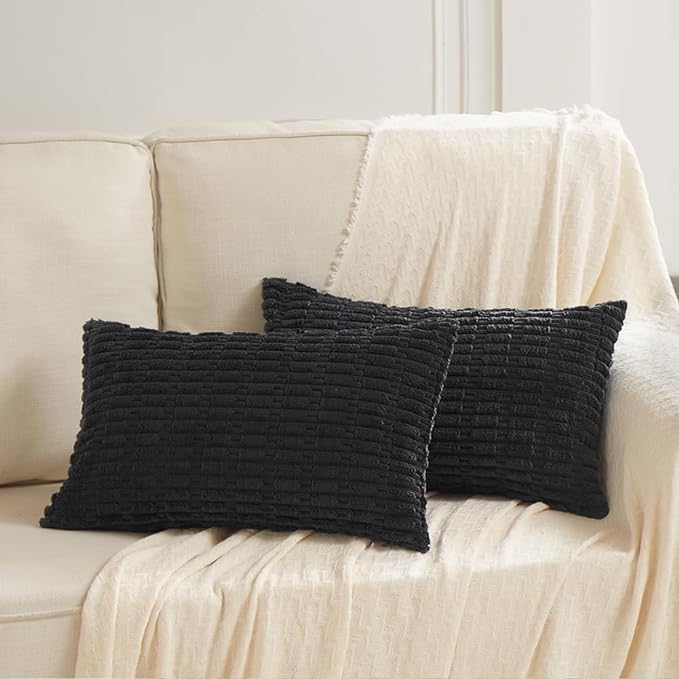 Fancy Homi Black Decorative Throw Pillow Covers 12x24 Inch for Living Room Couch Bed Sofa, Rustic Farmhouse Boho Home Decor, Soft Striped Corduroy Square Cushion Case 30x60 cm