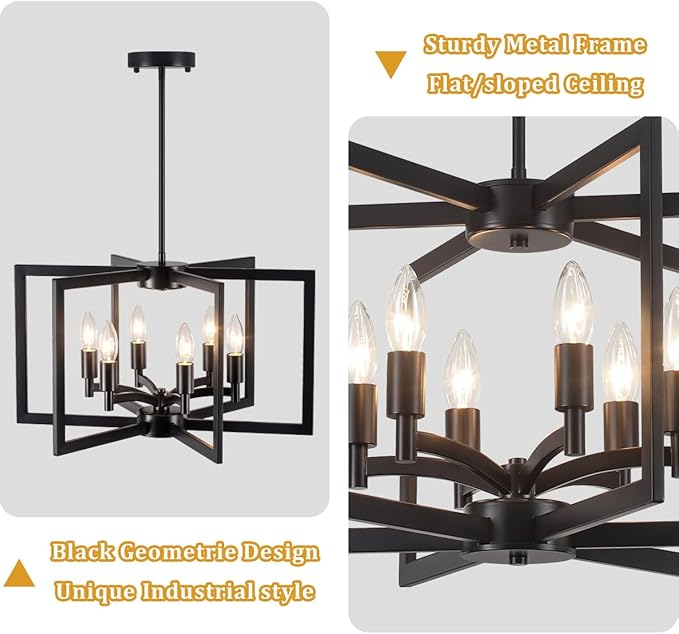 Modern Farmhouse Chandeliers Dining Room Light Fixtures, 6-Light Kitchen Island Lighting,Industrial Metal Black Geometric Chandelier for Stairway Foyer Living Room, UL-Listed