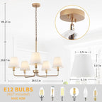 Farmhouse Chandelier, Gold Modern Dining Room Light Fixture with White Fabric Shade, 5-Light Height Adjustable Industrial Pendant Island Light Fixture for Foyer Entryway Hallway Kitchen Bedroom