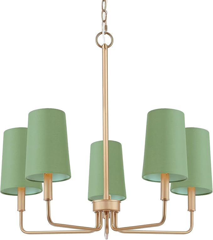 Chandelier, Gold with Muted Green Linen Fabric Shade, Farmhouse Linear Island Lighting Fixture for Kitchen, Dining Room