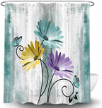 Rustic Farmhouse Shower Curtain, Farm Teal Daisy Floral Flowers and Butterfly on Country Wooden Shower Curtain for Bathroom, Turquoise Blue Bathroom Shower Curtains with 12PCS Hooks, 70X75IN