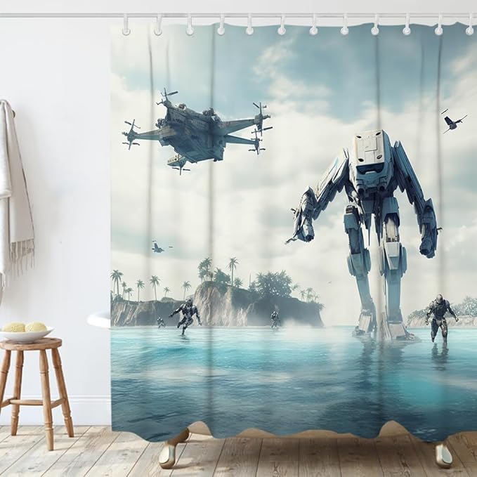 Cool Universe Wars Bathroom Shower Curtain Soldiers Crossing River Marching Army Theme Kids Shower Curtain Set with 12 Hooks 72 inch x 72 inches Polyester Machine Washable, Green White