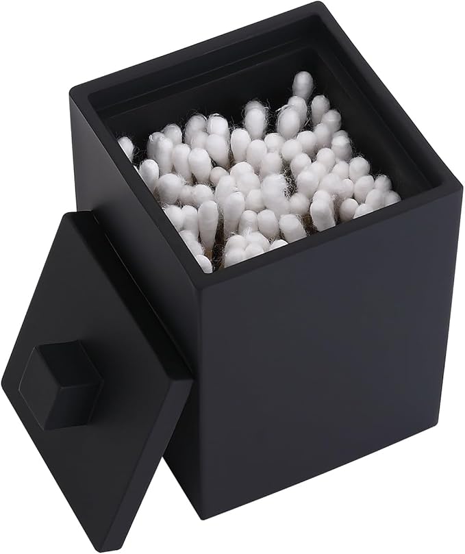 Q-tip Holder Square Cotton Swab Holder with Lid Resin Cotton Ball Canister Jar Cosmetics Makeup Countertop Organizer Containers Canister Apothecary Jar, Matte Black