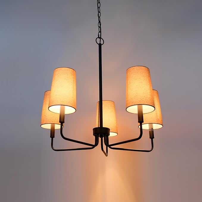 Chandelier, Matte Black with Beige Linen Fabric Shade, Farmhouse Linear Island Lighting Fixture for Kitchen, Dining Room (Matte Black with Linen Fabric Shades)