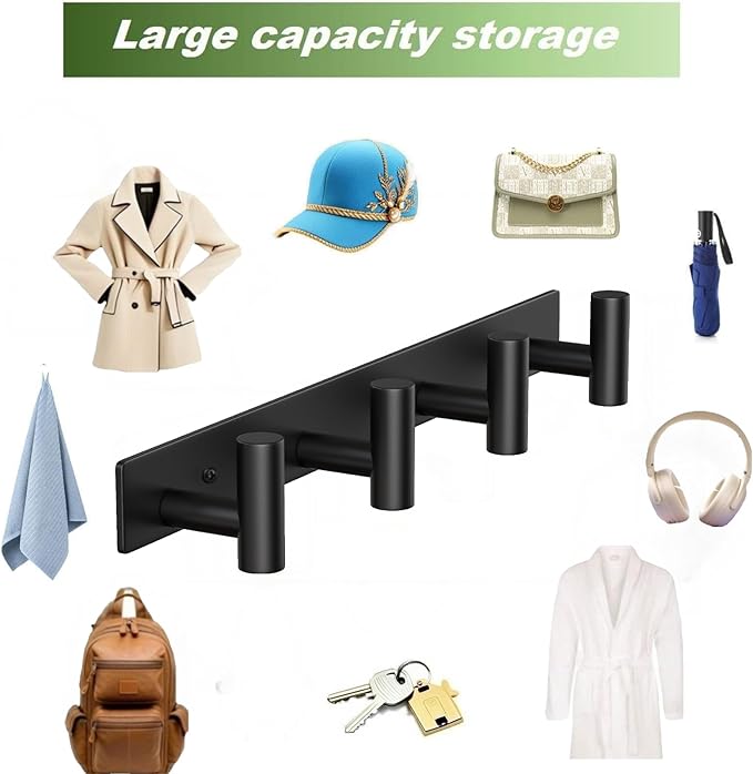 Wall Mounted Coat Rack-4 Hooks, Heavy Duty Stainless Steel Wall Hooks for Towel Coat Bag, Hat Rack Coat Hanger Coat Hooks Towel Racks for Bathroom Entryway Kitchen Hotel Office (Black, 1 Pack)