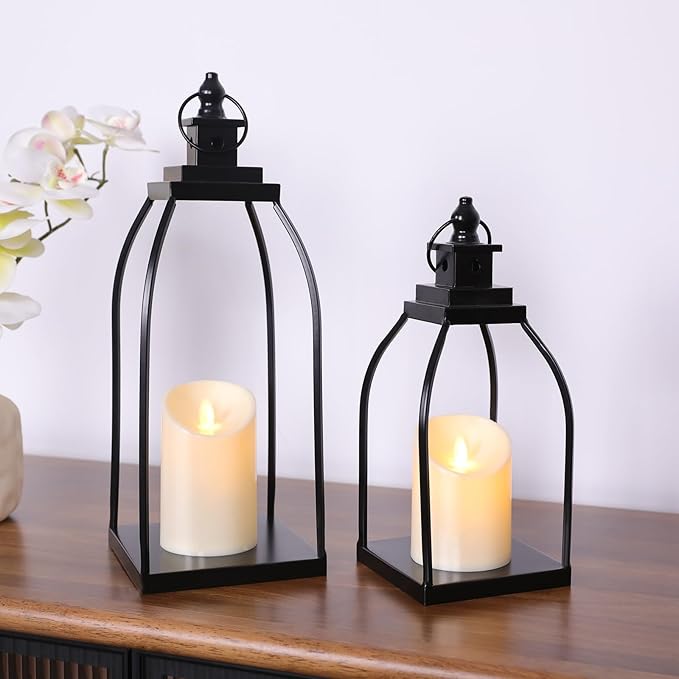 DARJEN Modern Farmhouse Lantern Decor Outdoor & Indoor- 15'' 12'' Black Metal Candle Lanterns for Christmas, Lanterns Decorative with 2 Flameless Candles for Living Room, Home, Table Centerpiece Decor