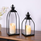 DARJEN Modern Farmhouse Lantern Decor Outdoor & Indoor- 15'' 12'' Black Metal Candle Lanterns for Christmas, Lanterns Decorative with 2 Flameless Candles for Living Room, Home, Table Centerpiece Decor