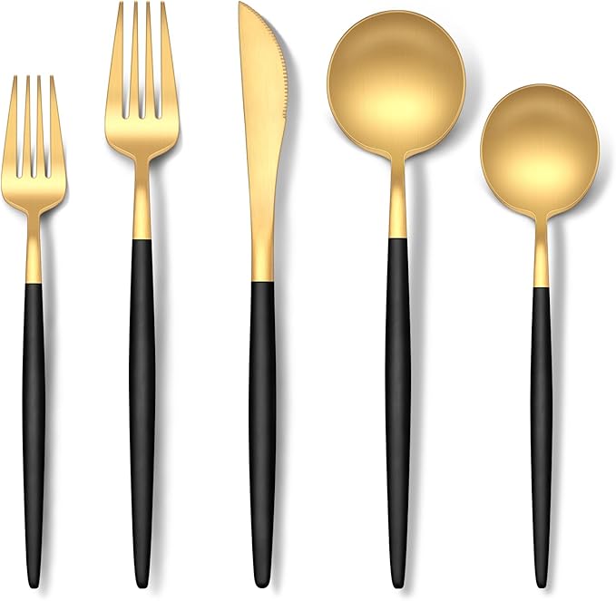 Stapava 60-Piece Matte Black Gold Silverware, Stainless Steel Utensils Cutlery Set for 12, Satin Finish Flatware Include Forks Spoons and Knives for Home Restaurant, Dishwasher Safe