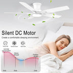 YUHAO 52 Inch Flush Mount White Ceiling Fan with Light and Remote Control.Noiseless,Dimmable,3CCT,6 Speeds Reversible, Low Profile DC Ceiling Fans for Indoor Use