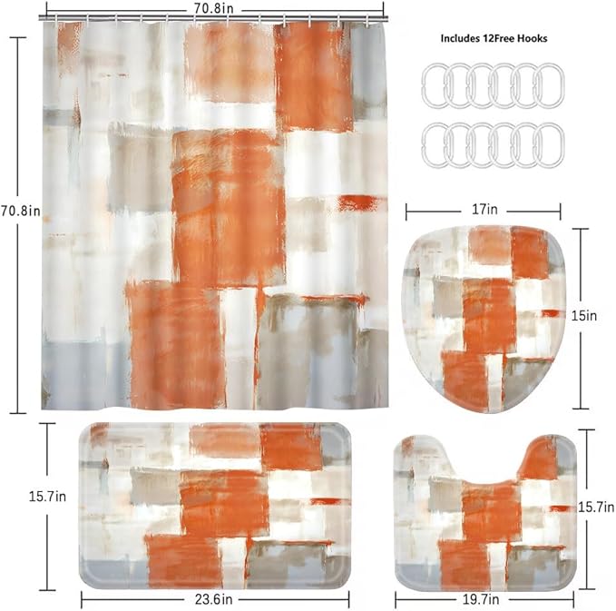 Orange Modern Painting Art Bathroom Shower Curtain Sets with 12 Hooks, 70.8 x 70.8 inches Fabric Shower Curtain, Bath Mat, Toilet Lid Cover, U Shaped Rugs