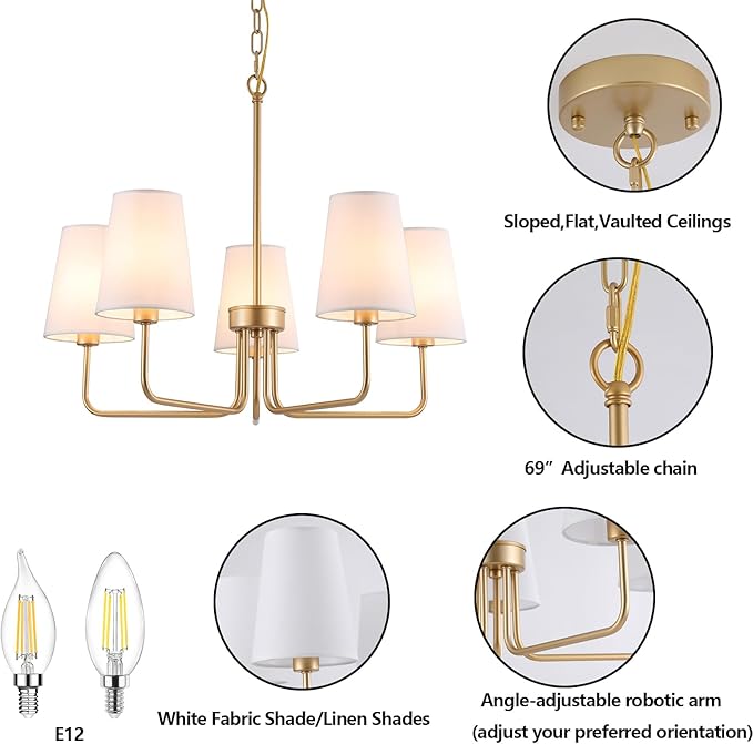 AMZASA Farmhouse Chandelier, 5-Lights Visual Comfort Gold Light, Muted Gold with White Fabric Shade, Linear Island Lighting Fixture for Kitchen, Dining Room