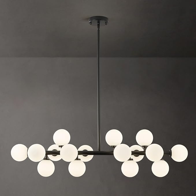 16-Light Globe Sputnik Chandelier, Mid Century Modern Light Fixture Over Table, Black Linear Chandeliers for Dining Room and Kitchen Island (Milk White Glass Bubble Shades, 40 Inch)