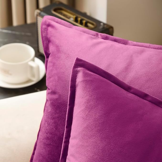 VAKADO Throw Pillow Covers 18x18 Set of 2 Fuchsia Velvet Decor Decorative Couch Cushion Euro Pillowcases with Fringe Home Bed Decoration for Sofa Bedroom Office