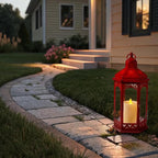 LED Hexagon Lantern with Flameless LED Candle, Unique Shape and Pattern to Give an Upscale Garden Party Vibe. Suitable for Home & Outdoor Usage,Special Event or Wedding.Battery Powered (Red)