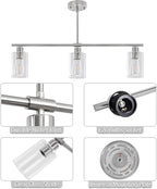 3 Lights Kitchen Island Lighting Brushed Nickel Pendant Light Fixtures with Glass Shade 31" Dining Room Chandeliers Adjustable Height Modern Linear Ceiling Hanging Light for Living Room, Foyer