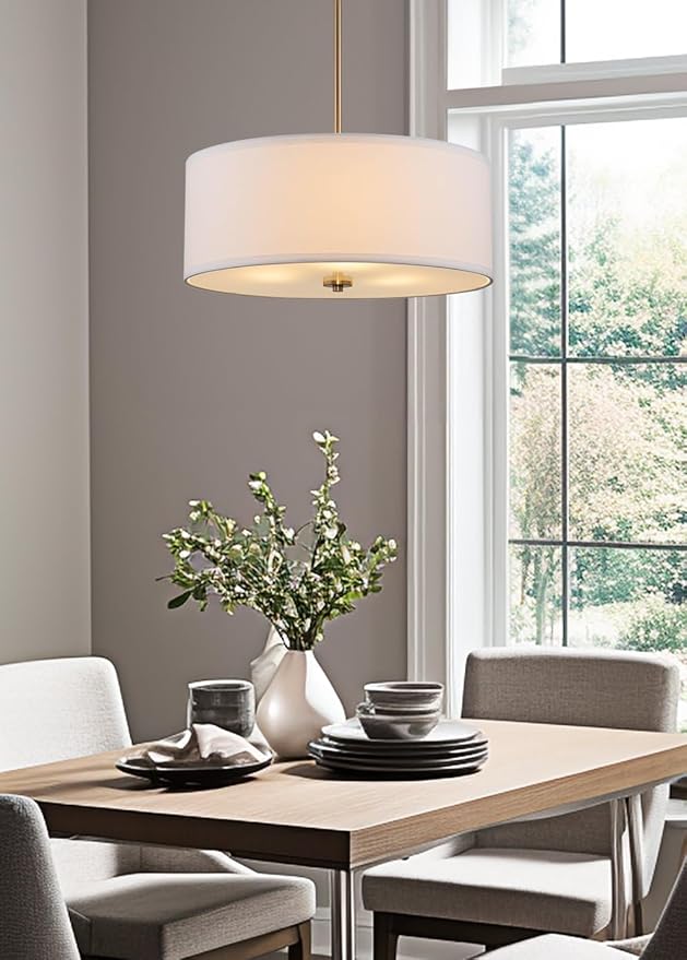 Kira Home Nolan 18" Classic 3-Light Drum Pendant Chandelier, White Fabric Shade + Round Glass Diffuser, Adjustable Height, Cool Brass Finish