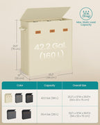 SONGMICS 42.2 Gallon (160 L) Laundry Hamper, 3-Compartment Laundry Basket Sorter with Lid, Labels, Removable Liner Bags, for Bedroom, Cream White URLH013W01