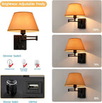 Swing Arm Wall Sconces, Plug-in Wall lamp,Bedroom Wall lamp ， White Fabric Shade with dimmable Switch and USB Charging Port,Suitable for Bedside,Living Room,Reading (Black. Gold Shadow)